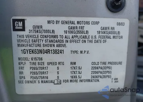 2004 Cadillac Escalade Standard из США, поврежденный, VIN 1GYEK63N04R138241